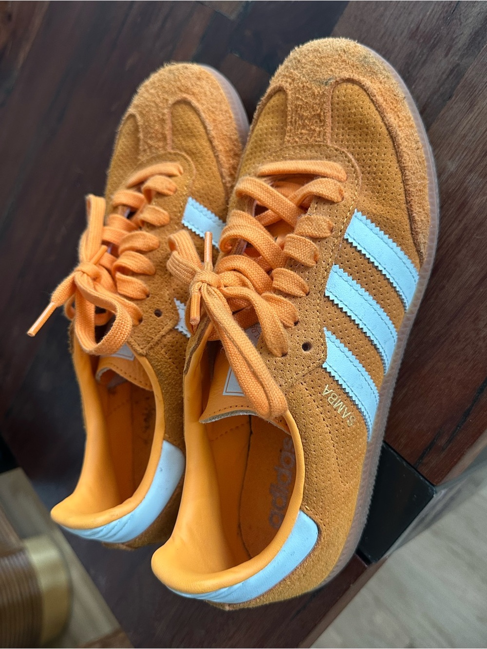 adidas Orange Suede Sneakers with White Stripes